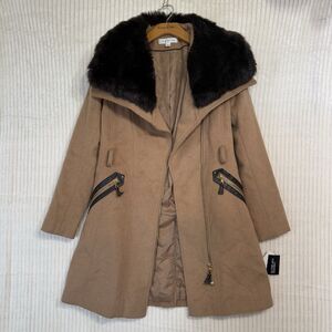 Via Spiga Camel‎ Faux Fur Wool Blend Pea Coat Women Sz 0 NWT $400 No Belt